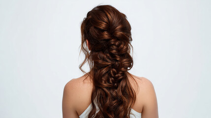 Fototapeta premium Back view of woman with elaborate intricate braided updo hairstyle brunette portrait