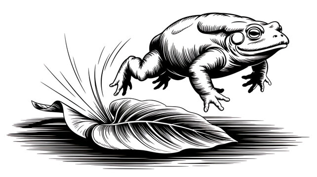 Monochrome Amphibian Art: Leaping Frog Illustration on Lily Pad in Vintage Black and White Nature Scene