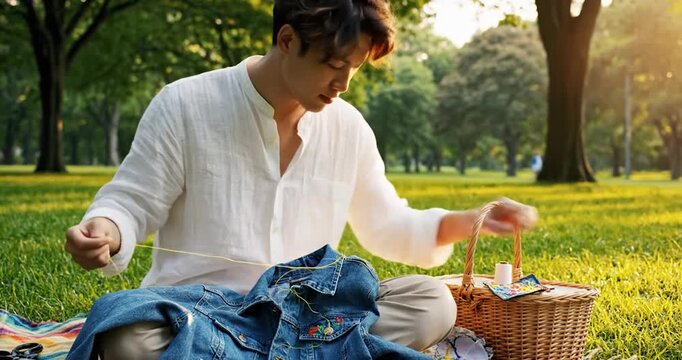 Young Man Carefully Hand Sewing Denim Jacket Outdoors in Public Park