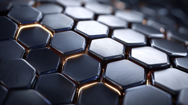 metal hexagonal macro background with glowing edge technology pattern and futuristic bokeh