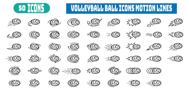 Collection of stylized volleyball icons illustrating motion and spin effects in simple line art