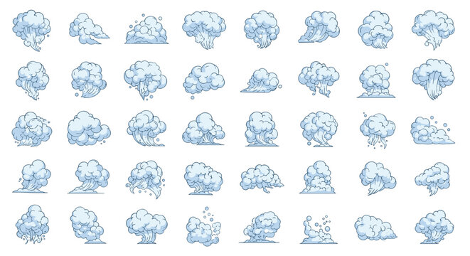 Extensive collection of small smoke or steam cloud illustrations in various shapes and sizes for comic or game design.