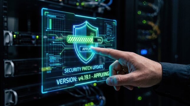 A user interacts with a holographic interface showing a cybersecurity shield and a security patch being applied in a data center.