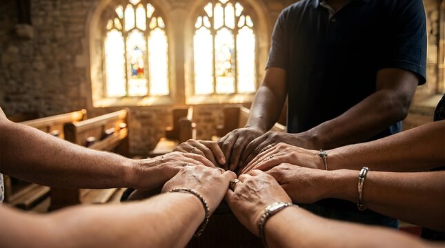 Diverse Group Hands Joined in Prayer Circle Inside Church