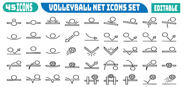 A diverse set of 45 simple line art icons representing volleyball net physics and ball interactions