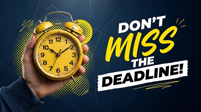 Vintage yellow alarm clock held in hand, emphasizing the urgency of not missing the approaching deadline with bold text.