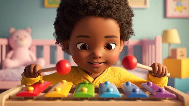 Delightful Child Engaged in Creative Play with Colorful Xylophone, in Bright and Cheerful Nursery Room Setting, Perfect for Childhood Musical Education and Joyful Childhood Activities