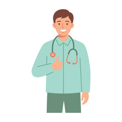 Fototapeta premium Friendly male doctor giving a thumbs up gesture with a stethoscope around his neck, conveying health and care