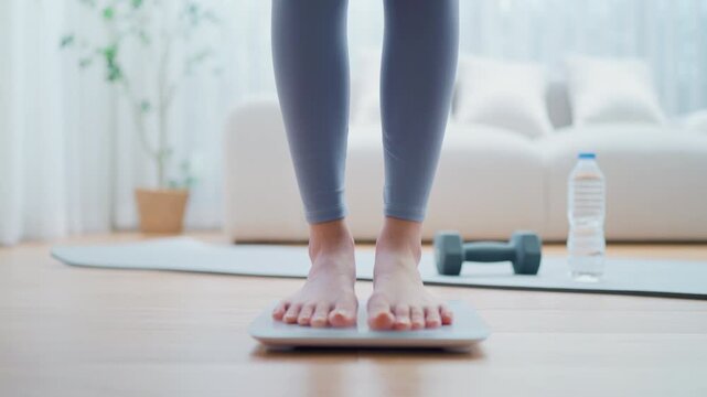 Closeup of feet, Young Asian woman standing on scales to measure her weight at home, Checking result of her slimming diet. Healthy living concept