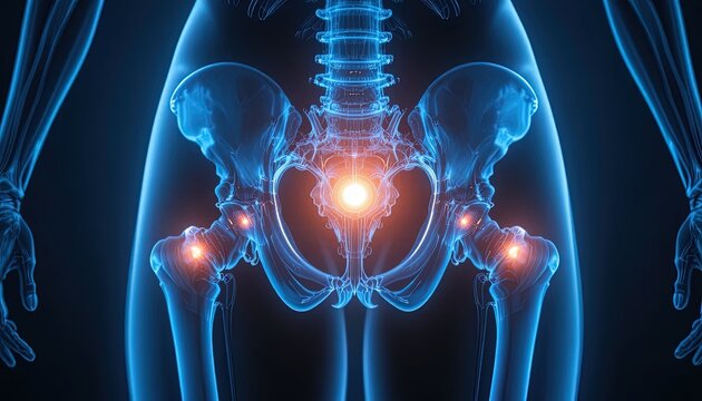 Digital rendering of the human pelvis skeleton with illuminated joints, back pain and hip inflammation shown in blue and orange, medical visualization.