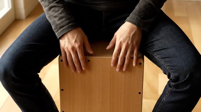 Dynamic Close-Up of Hands Playing a Wooden Cajon Drum in a Warm Lifestyle Setting on Wooden Floor
