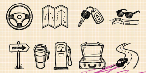 Black ink scribble doodle vector vintage hand drawn set of map navigation compass gps route and travel journey © Broke Stoke