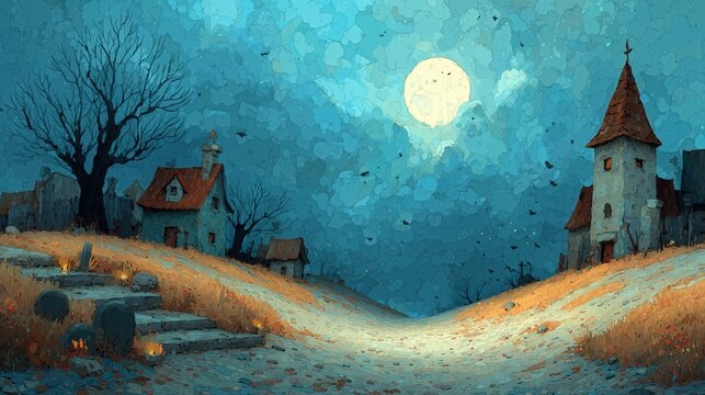 Village scene at night with moon and dark trees