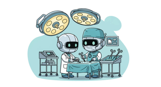 Vector illustration of two cute chibi robots performing surgery in a medical operating room featuring overhead surgical lights, medical carts, and sterile instruments on a white background.