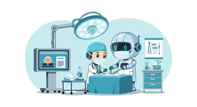 Vector illustration featuring a chibi robot and human surgeon wearing masks and scrubs, performing a medical procedure in an operating room with surgical lamps and monitors.