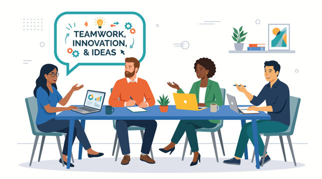 Diverse professionals collaborate and brainstorm around a conference table at a team meeting for planning and innovation.