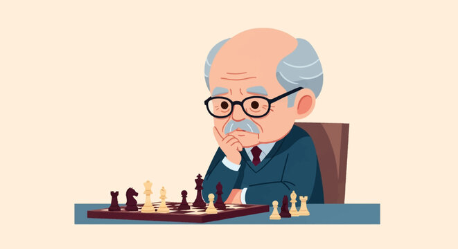 Chibi style vector illustration of an elderly senior man with glasses and a mustache thoughtfully playing a game of chess, looking at the board pieces on a flat background.