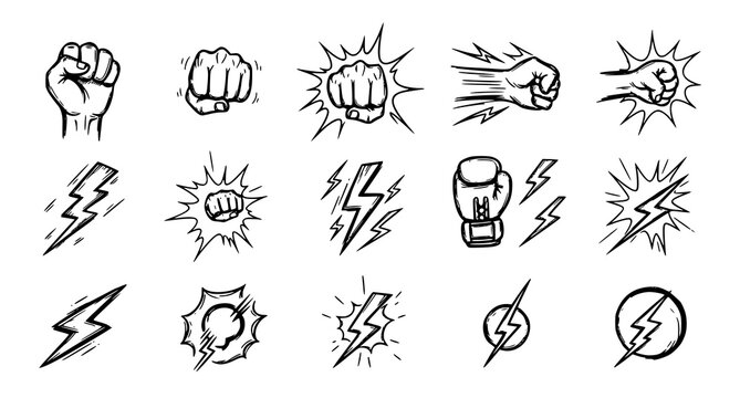 Collection of hand gestures and power symbols in a sketchy style