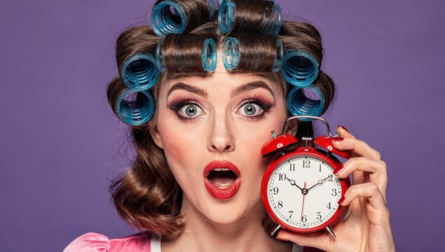 A woman with a shocked expression, wearing blue hair rollers and red lipstick, holds a red alarm clock in front of a solid purple background, conveying a sense of urgency and panic about the time.