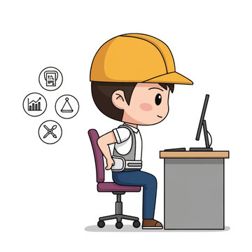 Chibi male construction worker in yellow hard hat and safety vest sitting at an office desk with a computer, holding his lower back to demonstrate ergonomics and workplace wellness.