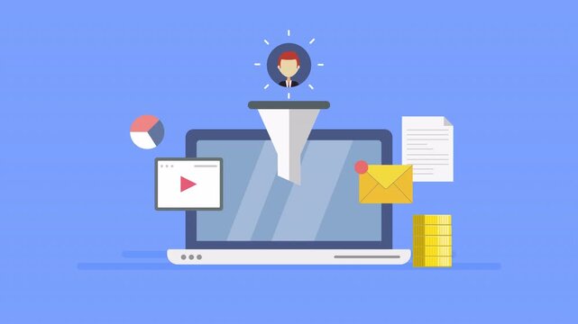 Lead generation. Sales funnel. Conversion optimization. Lead generation funnel directs prospects to financial success, offering essential documents. 2d animation.