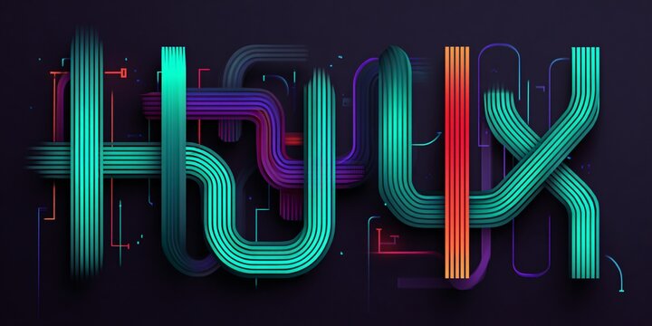 neon abstract ai digital circuit typography with 3d glowing u and d shapes, futuristic technology background