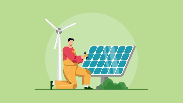 Video animation motion graphic of engineer installing solar panel renewable system 2D flat cartoon stock footage 4K high quality