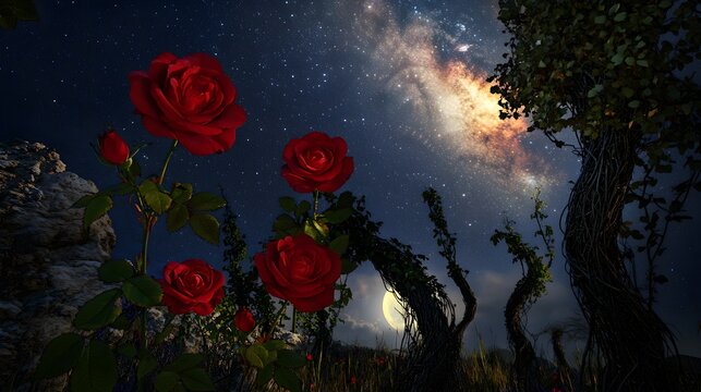 Red roses bloom under a starry night sky with milky way and moon