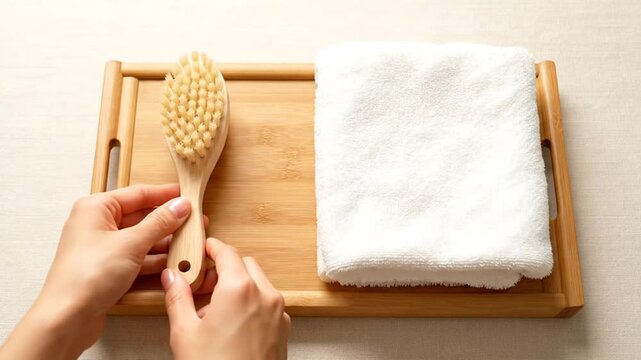 Hands Holding Natural Bristle Brush Over Towel On Wooden Tray Suggesting Relaxation And Self-Care Spa Rituals