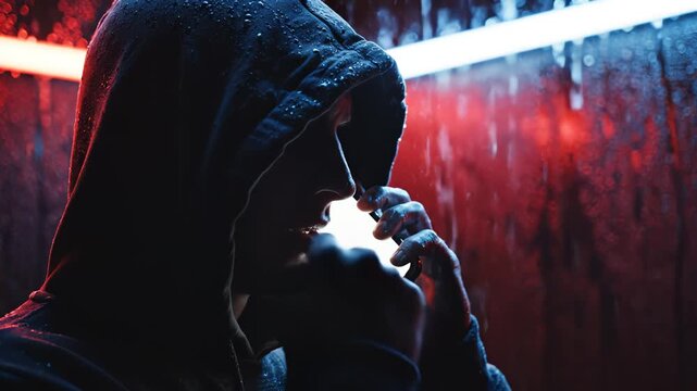 Person in hooded jacket on phone in rain emphasizing natural beauty and pristine environments