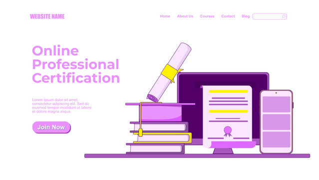 online professional certification program landing page, e-learning concept, for website and learning platform