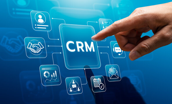 Business professional interacting with digital CRM interface connecting customer data communication analytics sales automation and relationship management system integration technology