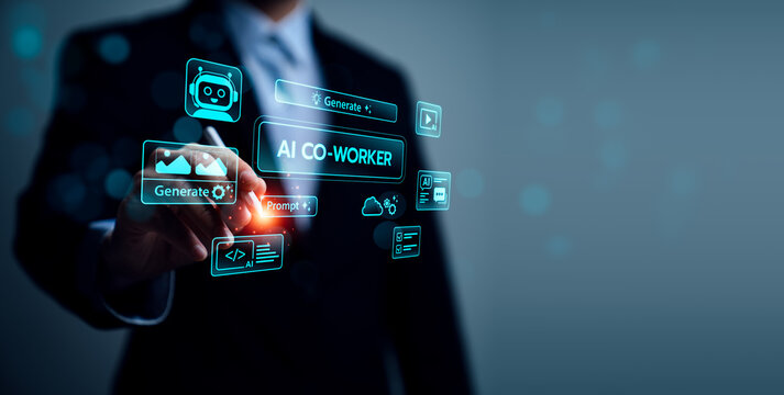 AI co worker collaboration concept with business professional touching virtual interface showing generate, prompt, chat, and automation icons for human and artificial intelligence workflow support