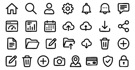 Fototapeta premium Hand drawn collection of various user interface outline icons designed as a digital vector graphic for modern web site development