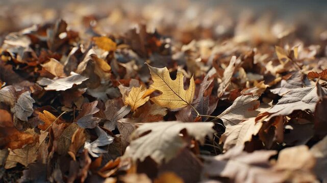 A pile of dry brown and yellow autumn leaves on the ground
