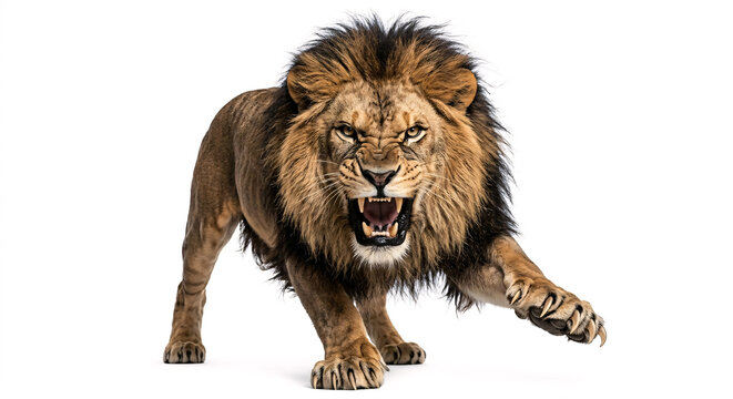 Powerful male lion in an aggressive stance, roaring intensely, showcasing its strength and wild nature