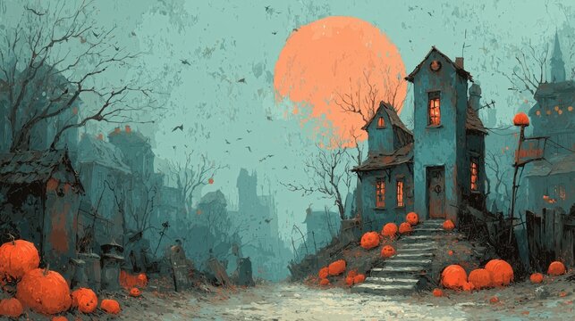 Pumpkins on streets near houses under orange moonlight