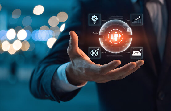 Change management strategy concept with business professional presenting digital team interface, organizational transformation process, leadership alignment and workforce transition planning