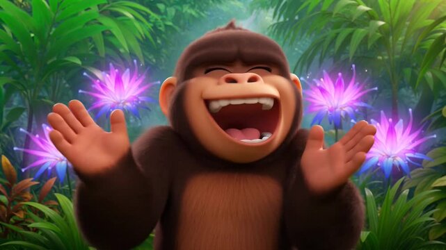 Cute Cartoon Gorilla Standing in Lush Tropical Jungle with Flowers