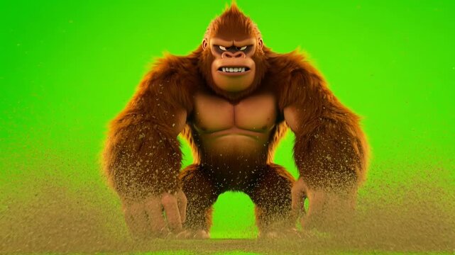 Powerful cartoon gorilla jumping animation on green screen