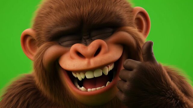 Cute smiling cartoon gorilla character on green background