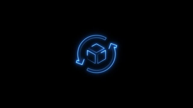 Neon blue glowing cube with circular arrows symbolizing recycle concept on dark background endless loop animation for presentations and digital