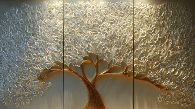 Ornate golden trunk supports a sprawling three-panel relief sculpture depicting stylized foliage