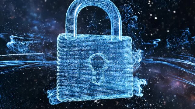 Digital lock in space with glowing lines representing smart infrastructure and connectivity