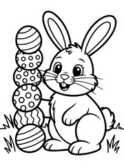 Fototapeta premium Easter Bunny and Egg Stack: A charming Easter bunny stands beside a stack of decorated Easter eggs, ready for the upcoming holiday.