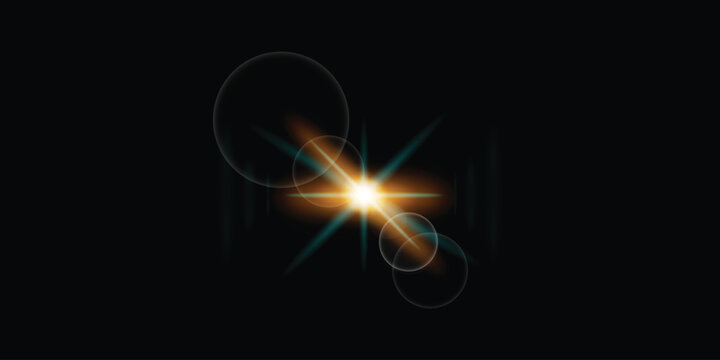This cinematic golden lens flare with anamorphic blue light rays and soft bokeh circles is isolated on a transparent black background.
