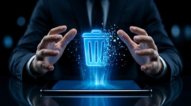 Businessman's hands hovering over a tablet displaying a glowing blue trash can icon disintegrating into digital particles, representing data deletion.