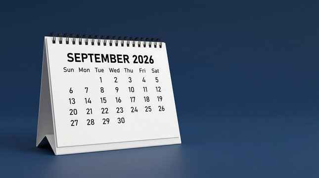September 2026 spiral bound desk calendar 3D render for business scheduling deadline planning event management and monthly agenda organization concepts