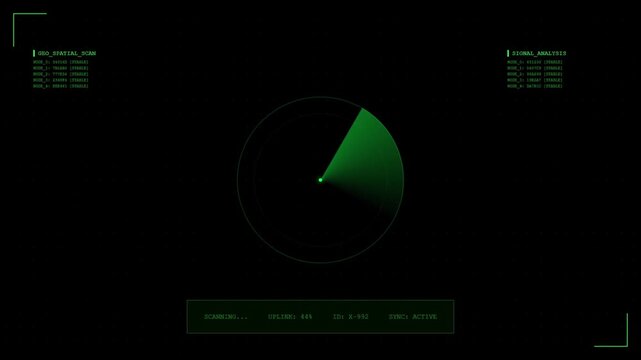 Futuristic Geo Spatial Scan HUD with Green Digital Radar Interface and Satellite Signal Analysis Uplink Monitoring Analytics Screen.