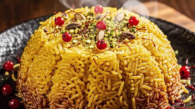 Golden Saffron Rice Artfully Molded with Pistachios and Cranberries